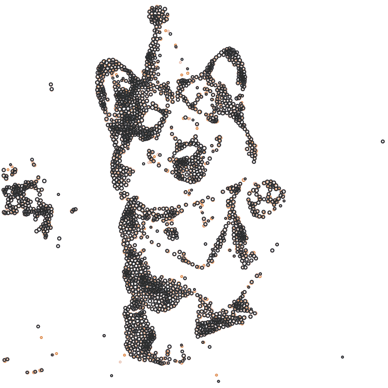 Corgi photo as stipples in four pen colours