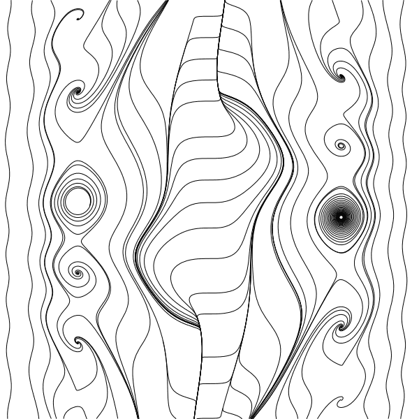A column of streamlines threading between four small vortices