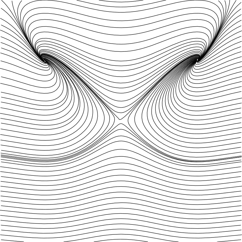 Horizontal streamlines that bend around two vortices and a central saddle point