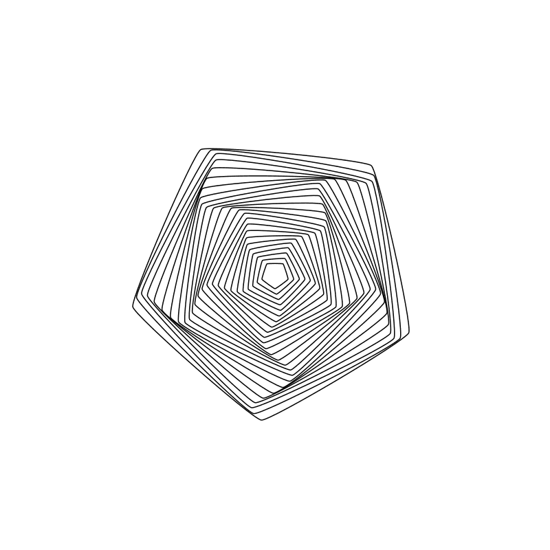 Twenty-five nested pentagons rotating back and forth around a common centre