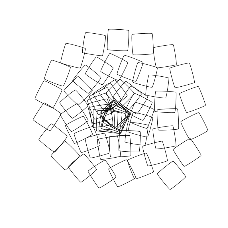 Sixty rounded squares arranged along a spiral path
