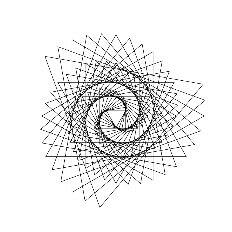 Thirty-six triangles growing and rotating into a spiral