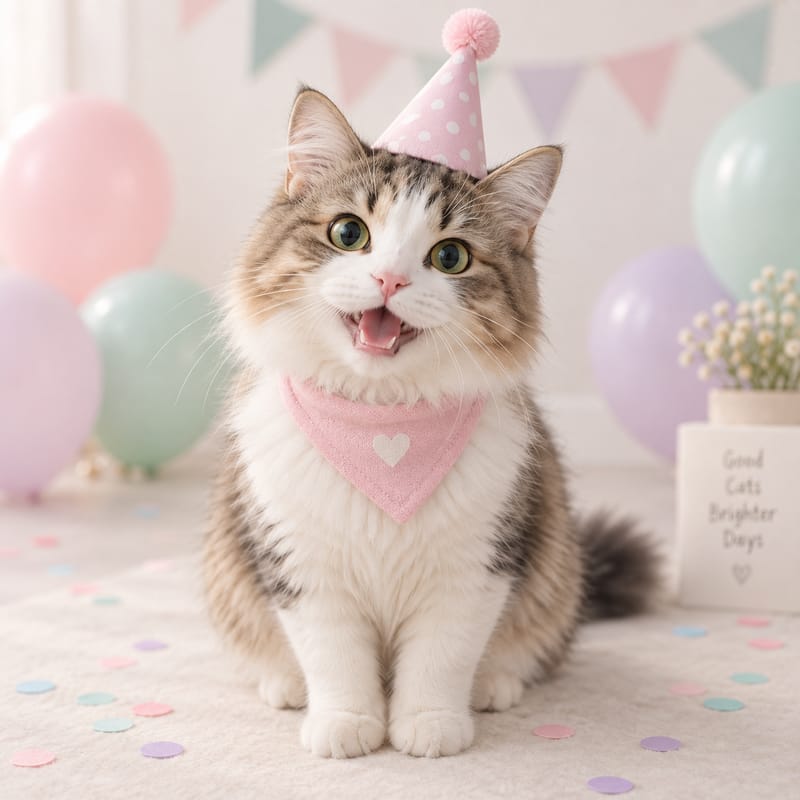 Sample cat photo with pastel balloons