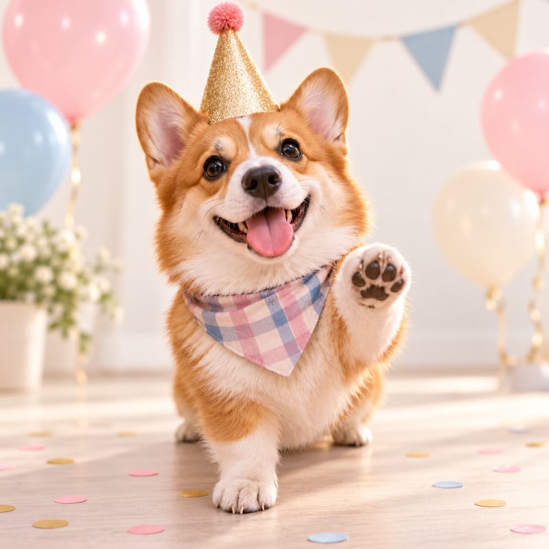 Sample corgi photo with a party hat